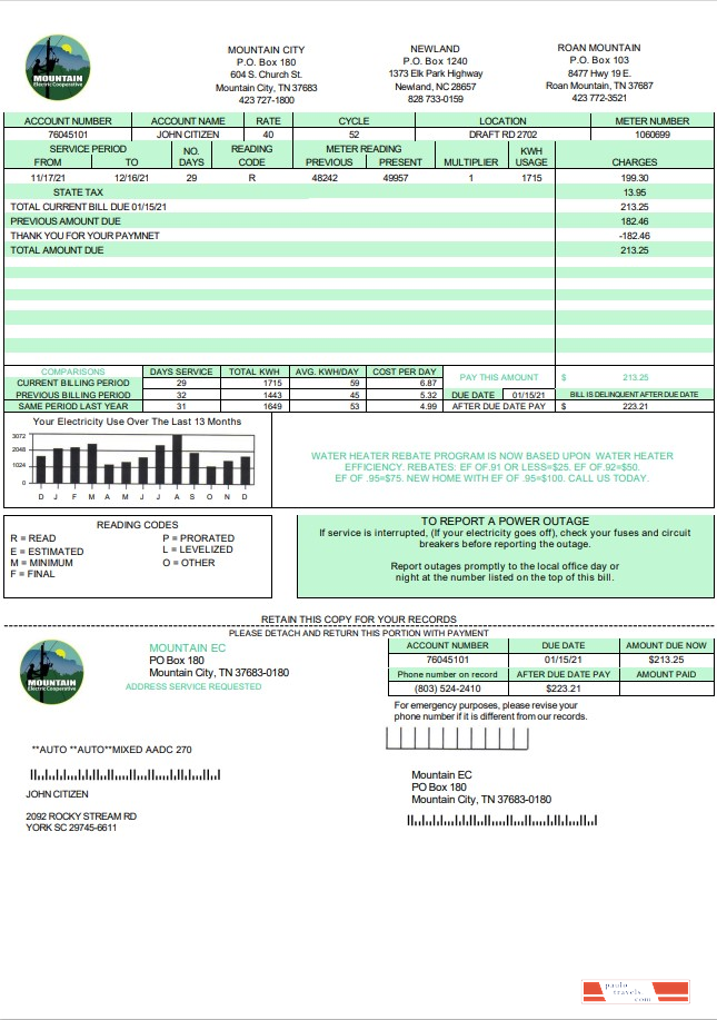 USA Tennessee Mountain Electric Cooperative, Inc. (MEC) utility bill template in Word and PDF format